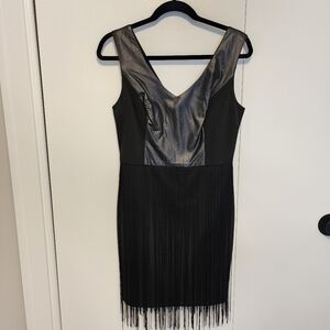 Akira Black Faux Leather and Fringe Cocktail Dress